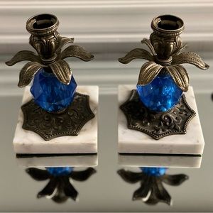 Antique Marble Brass Crystal Blue Glass Candle Holders Set of 2 Vintage Unique!!